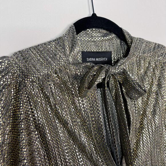 Anthropologie Sabina Musayev XS Gold Agatha Tie Neck Metallic Dress Long Sleeve - Picture 6 of 13